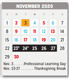 District School Academic Calendar for P A S S Learning Ctr for November 2020