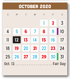 District School Academic Calendar for P A S S Learning Ctr for October 2020
