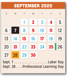 District School Academic Calendar for Kimbrough Middle School for September 2020