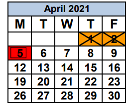 District School Academic Calendar for Corporate Academy North for April 2021