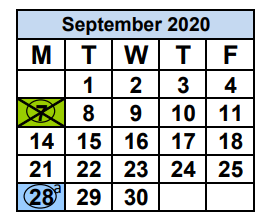 District School Academic Calendar for Dororthy M. Wallace Cope Center South for September 2020