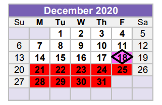 District School Academic Calendar for Midland Excel Campus for December 2020