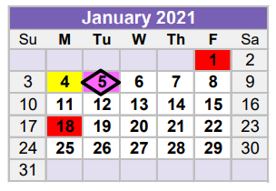 District School Academic Calendar for Bunche Early Childhd Ctr for January 2021