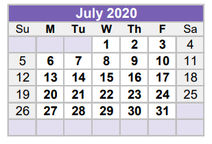 District School Academic Calendar for Parker Elementary for July 2020