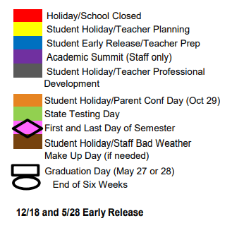 District School Academic Calendar Legend for Parker Elementary