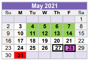 District School Academic Calendar for Midland Excel Campus for May 2021