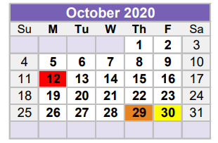 District School Academic Calendar for Midland Excel Campus for October 2020