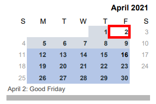 District School Academic Calendar for Speegleville Elementary for April 2021
