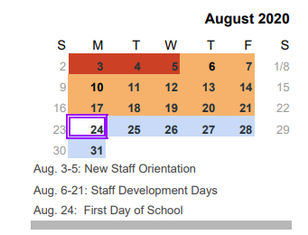 District School Academic Calendar for Challenge Academy for August 2020