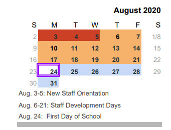 District School Academic Calendar for South Bosque Elementary for August 2020