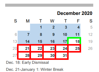 District School Academic Calendar for Speegleville Elementary for December 2020