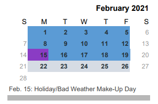 District School Academic Calendar for Speegleville Elementary for February 2021