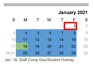 District School Academic Calendar for Speegleville Elementary for January 2021