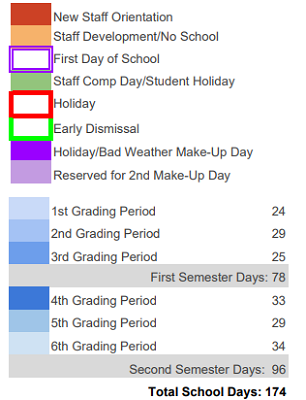 District School Academic Calendar Legend for South Bosque Elementary