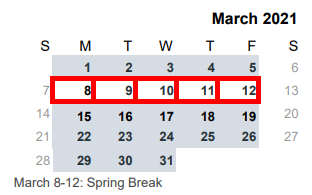 District School Academic Calendar for Spring Valley Elementary for March 2021