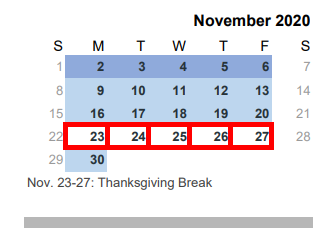 District School Academic Calendar for South Bosque Elementary for November 2020