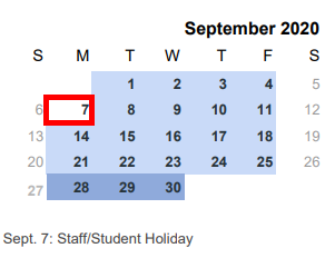 District School Academic Calendar for Spring Valley Elementary for September 2020