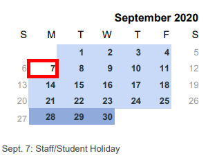 District School Academic Calendar for Challenge Academy for September 2020