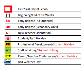 District School Academic Calendar Legend for Mineral Wells J H