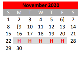 District School Academic Calendar for Dream Academy for November 2020