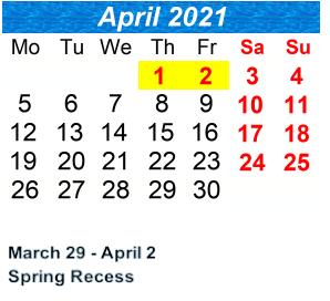 District School Academic Calendar for P.S. 102 Bayview School for April 2021