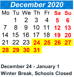 District School Academic Calendar for P.S. 233 Langston Hughes School for December 2020