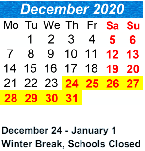 District School Academic Calendar for P.S. 100 Glen Morris School for December 2020