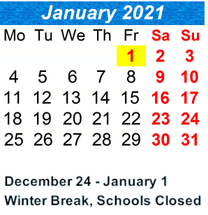 District School Academic Calendar for P.S. 159 Pitkin School for January 2021