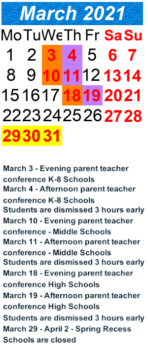 District School Academic Calendar for P.S. 119 The Amersfort School for March 2021