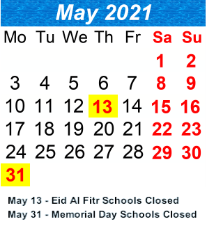 District School Academic Calendar for Goldie Maple Academy for May 2021
