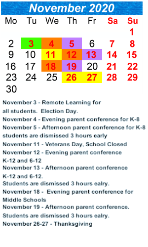 District School Academic Calendar for P.S. 225 Eileen E. Zaglin School for November 2020