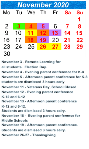 District School Academic Calendar for M.S. 266 Park Place Community Middle School for November 2020