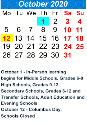 District School Academic Calendar for I.S. 232 Winthrop for October 2020