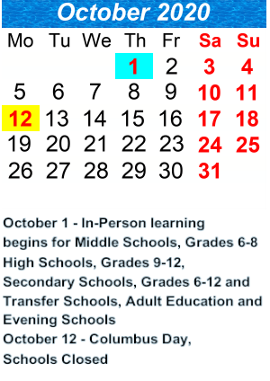 District School Academic Calendar for P.S.  21 Edward Hart School for October 2020