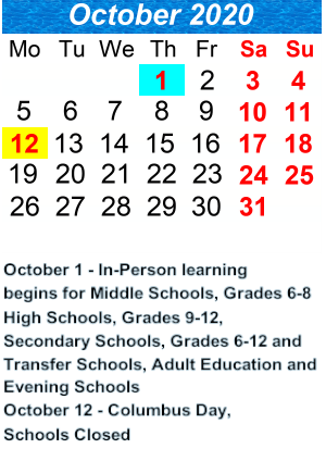 District School Academic Calendar for P.S. 161 Arthur Ashe School for October 2020