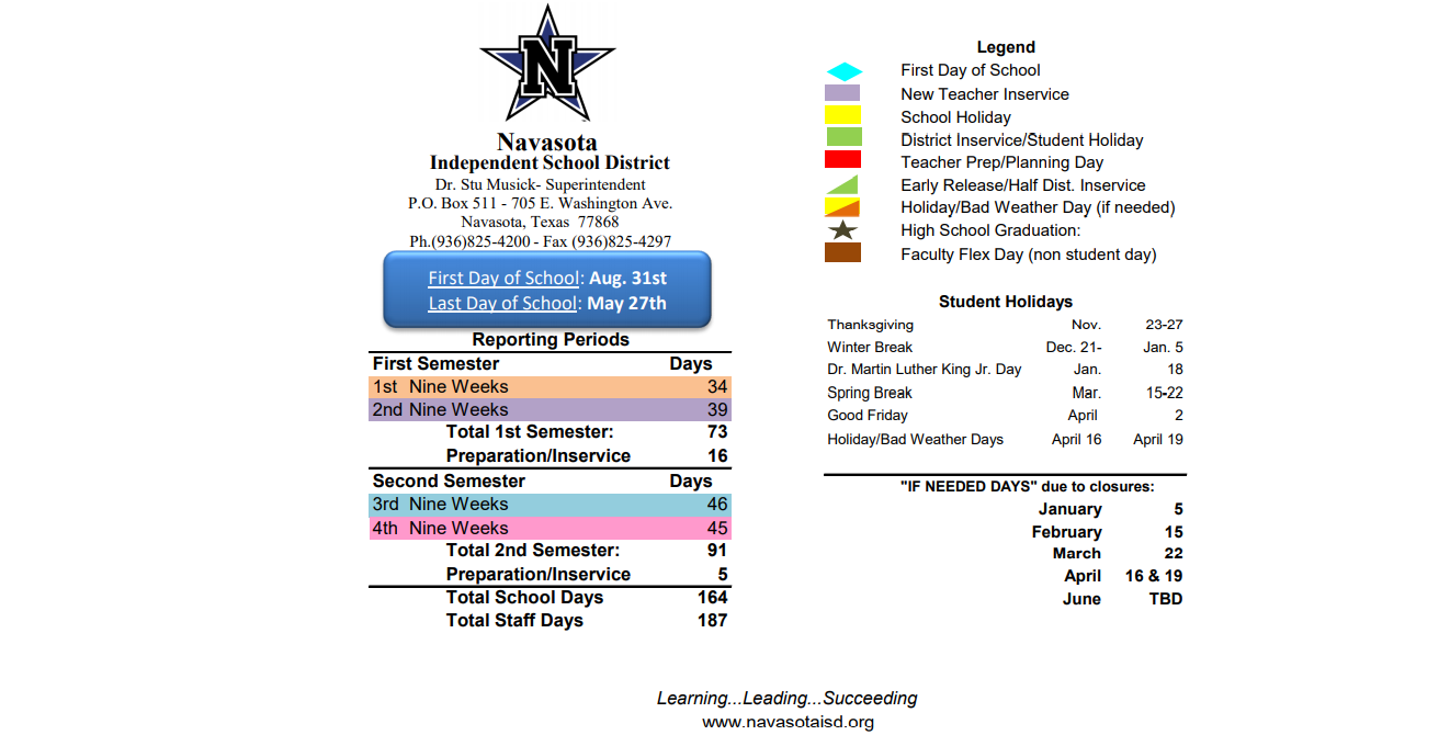 District School Academic Calendar Key for Navasota Int