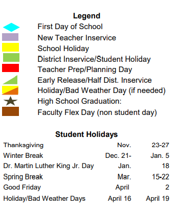 District School Academic Calendar Legend for High Point Elementary School