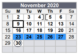 District School Academic Calendar for Fort Bend Co Alter for November 2020