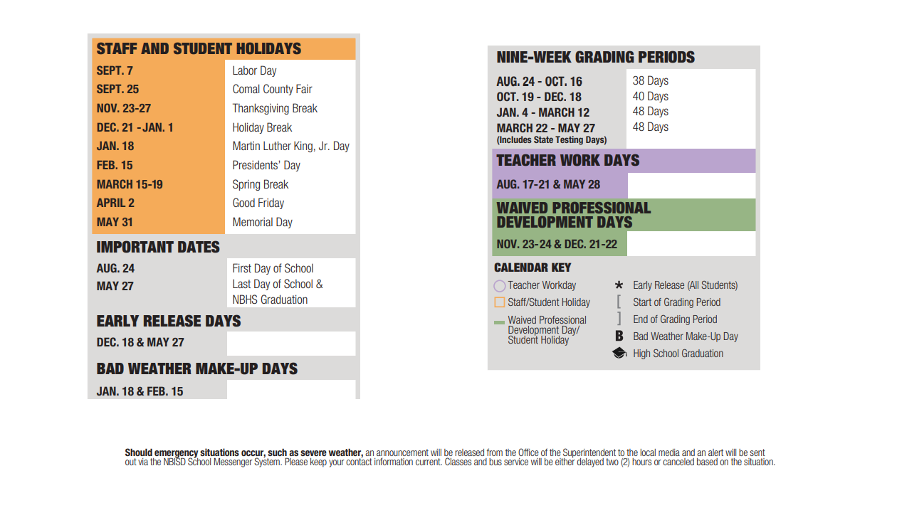 District School Academic Calendar Key for New Braunfels High School
