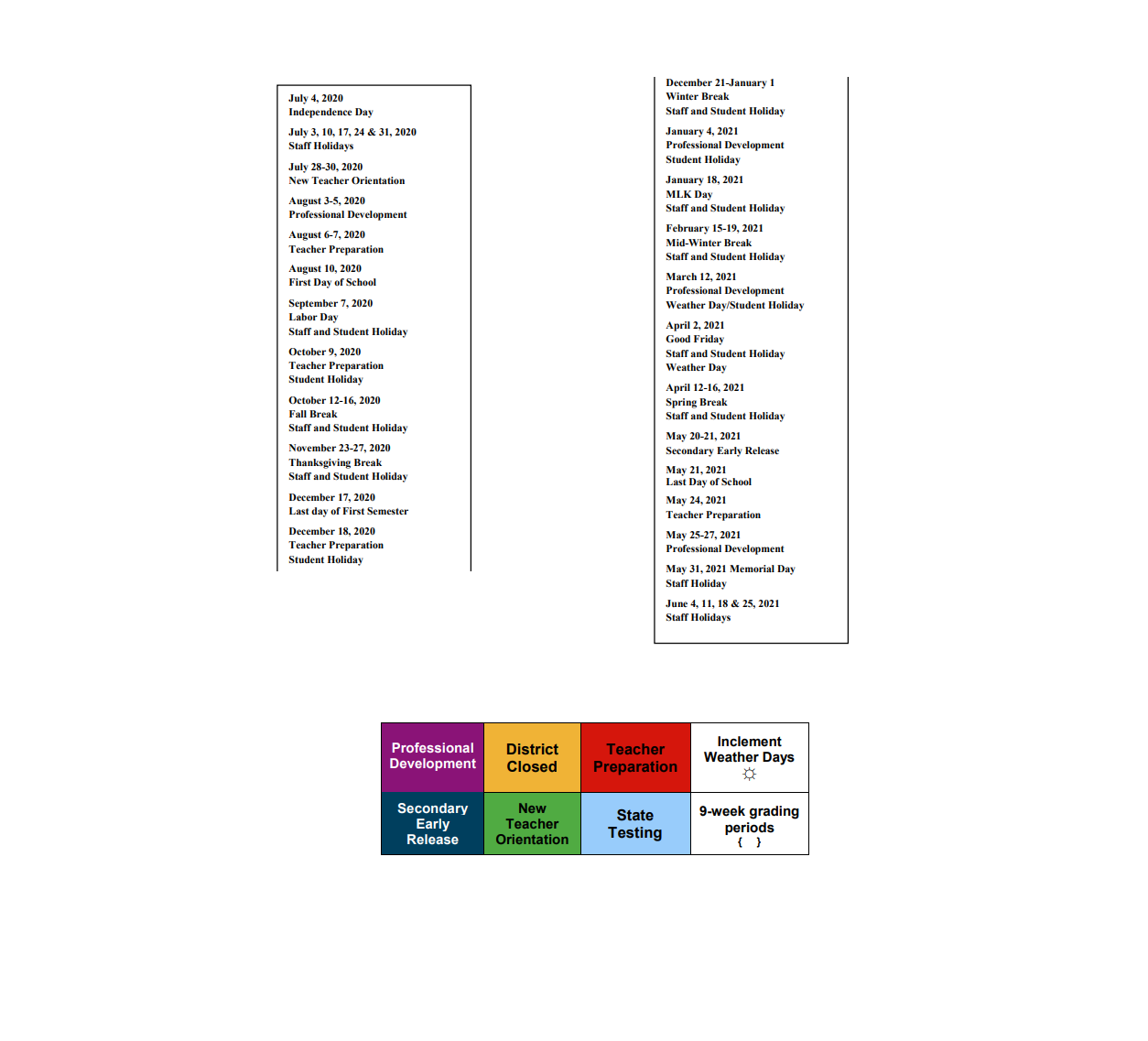 District School Academic Calendar Key for The Learning Ctr