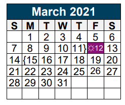 District School Academic Calendar for Valley Ranch Elementary for March 2021