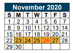 District School Academic Calendar for New Caney Sixth Grade Campus for November 2020