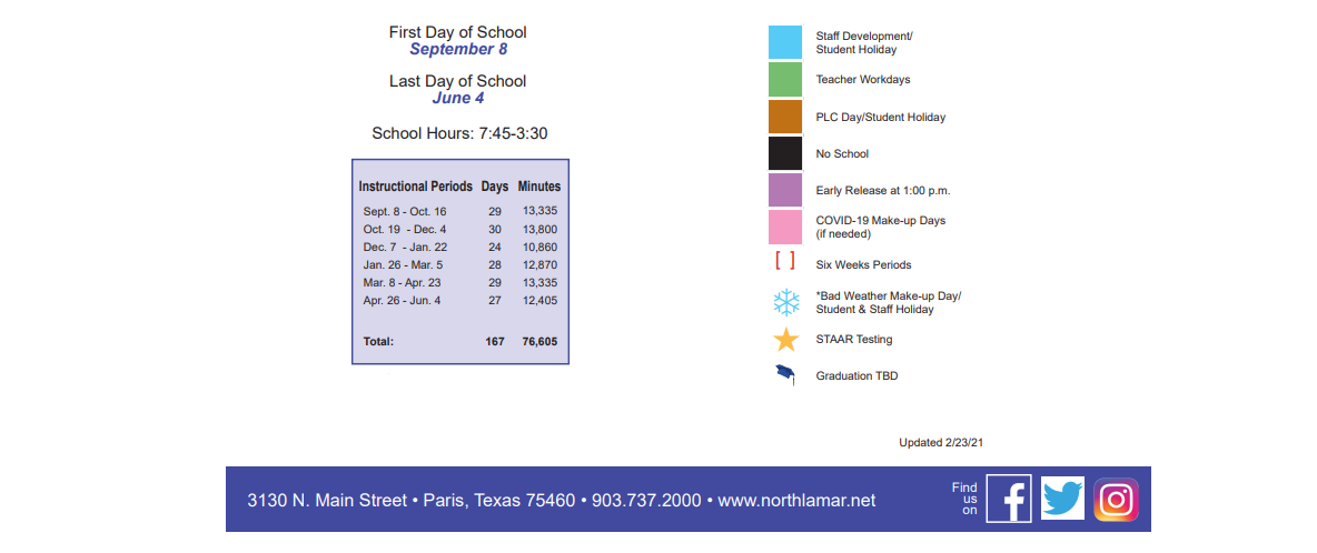 District School Academic Calendar Key for North Lamar H S