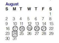 District School Academic Calendar for Excel Academy for August 2020