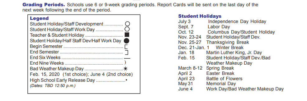 District School Academic Calendar Key for Excel Academy