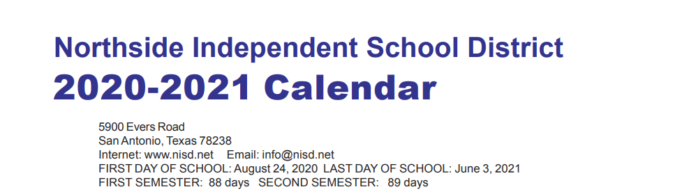 District School Academic Calendar for O'connor High School
