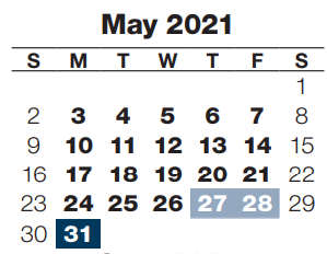 District School Academic Calendar for J P Lord Elementary School for May 2021