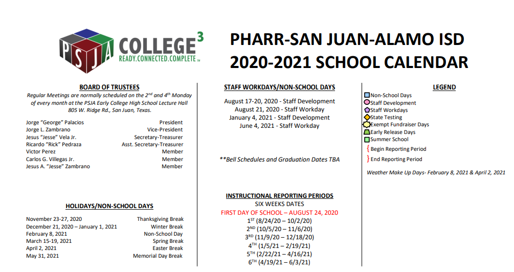District School Academic Calendar Key for PSJA High School