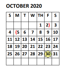District School Academic Calendar for Yzaguirre Middle School for October 2020