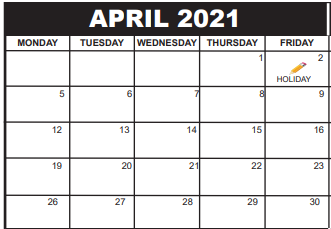 District School Academic Calendar for John F. Kennedy Middle School for April 2021